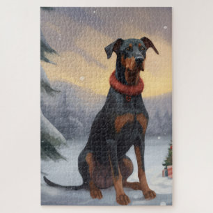 Puzzle Chien Doberman dans la neige Noël 
