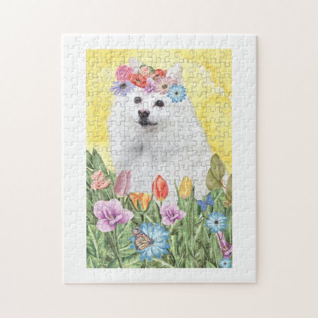 Puzzle Chien Esquimau américain avec fleurs printemps (Vertical)
