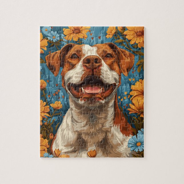Puzzle Chien et fleurs Brown et blancs mignons (Vertical)