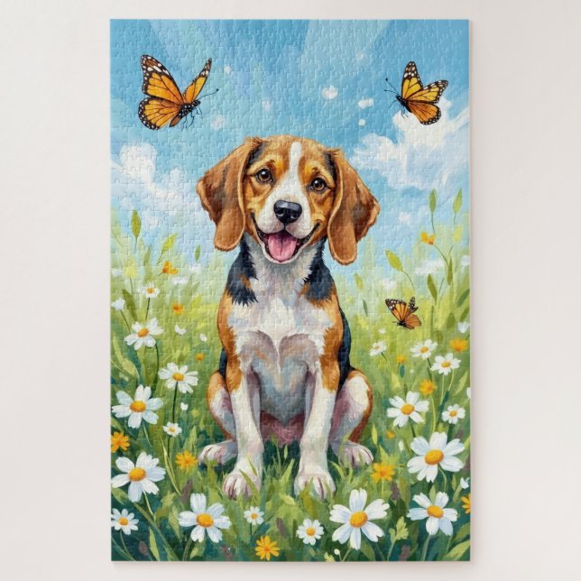 Puzzle Chien Floral de Prairie de Printemps Beagle (Vertical)
