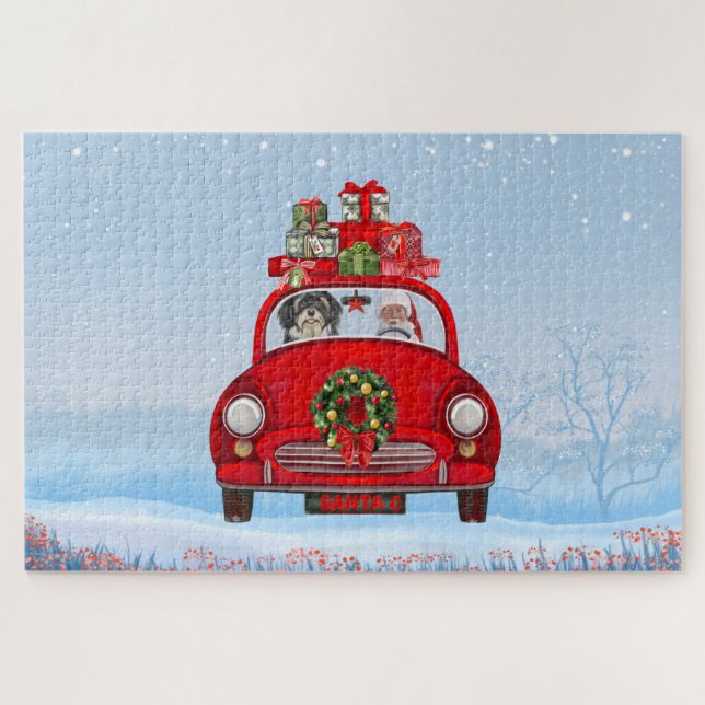 Puzzle Chien Havanais en voiture avec le Père Noël (Horizontal)
