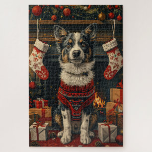 Puzzle Chien Heeler bleu avec les cadeaux de Noël cheminé