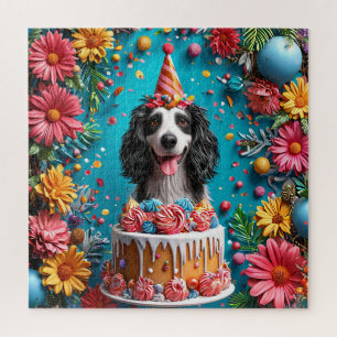 Puzzle Chien heureux célébrant son anniversaire avec un g