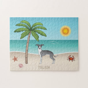 Puzzle Chien Iggy Bleu Et Blanc Sur Une Plage Tropicale D