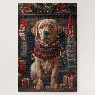 Puzzle Chien Labrador avec des cadeaux de Noël Cheminée
