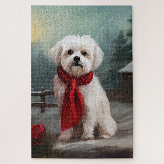 Puzzle Chien maltais à Noël de neige (Vertical)