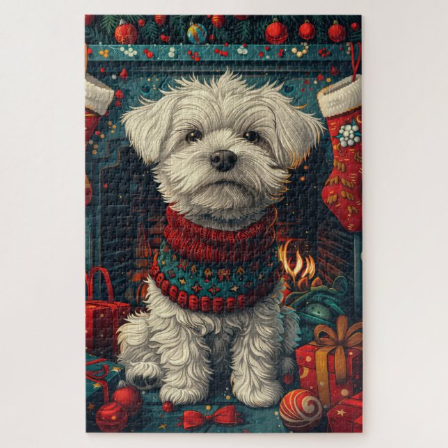Puzzle Chien Maltais Avec Cheminée Cadeaux De Noël (Vertical)