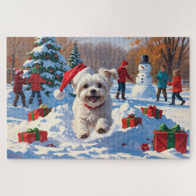 Puzzle Chien maltais courant dans la neige avec Casquette (Horizontal)