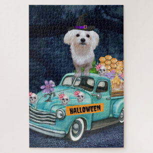 Puzzle Chien maltais Halloween camion nuit effrayante  