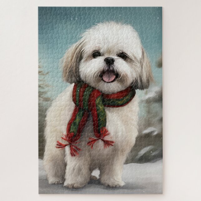 Puzzle Chien Malti Tzu à Noël de neige (Vertical)