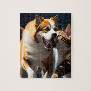 Puzzle Chien mignon et chat jouant