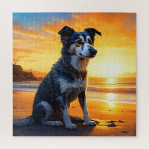 Puzzle Chien mignon sur la plage au coucher du soleil