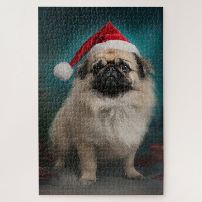 Puzzle Chien pekingese pendant Noël de neige (Vertical)