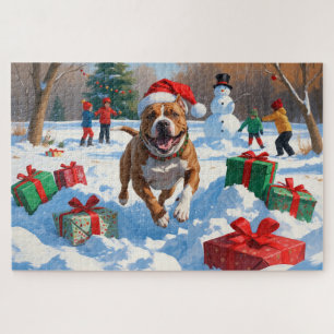 Puzzle Chien Pitbull courant dans la neige avec un chapea