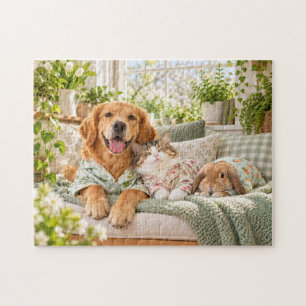 Puzzle Chien Retriever doré mignon, chat et lapin, printe