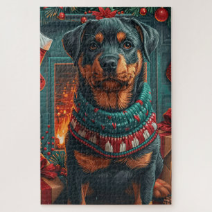 Puzzle Chien Rottweiler avec cheminée de cadeaux de Noël