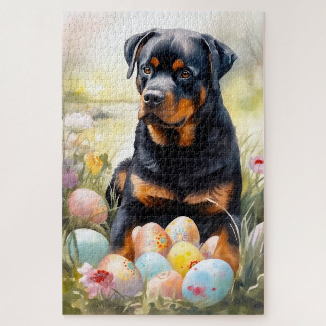 Puzzle Chien Rottweiler avec Oeufs de Pâques Fête (Vertical)