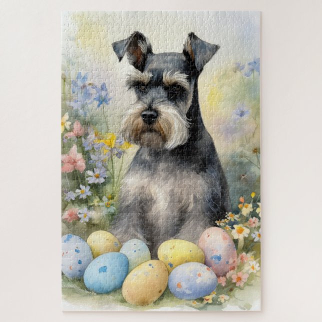 Puzzle Chien Schnauzer avec oeufs de Pâques vacances (Vertical)