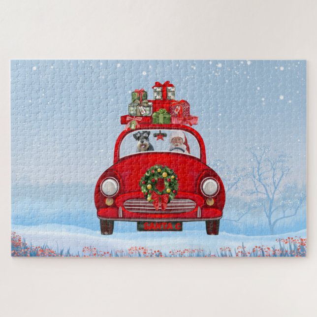 Puzzle Chien schnauzer en voiture avec le Père Noël (Horizontal)