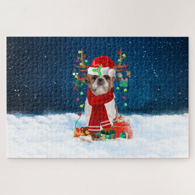 Puzzle Chien Shih Tzu avec cadeaux de Noël (Horizontal)