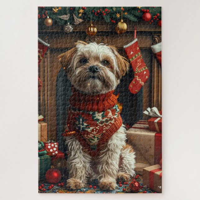Puzzle Chien Shih Tzu Avec Foyer Cadeaux De Noël (Vertical)