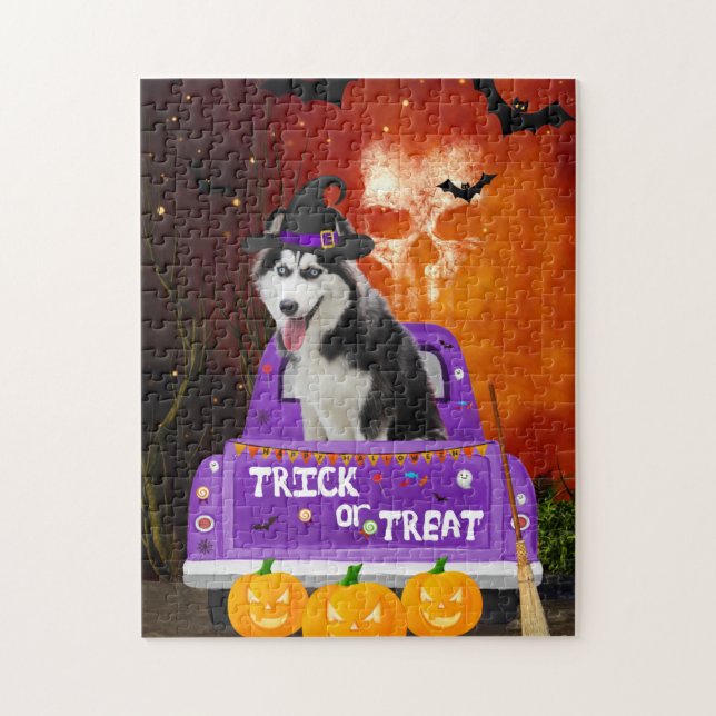 Puzzle Chien sibérien hussein dans un camion Halloween (Vertical)