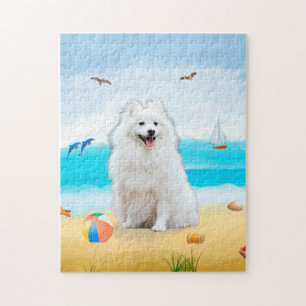 Puzzle chien spitz sur la plage