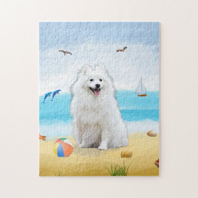Puzzle chien spitz sur la plage (Vertical)