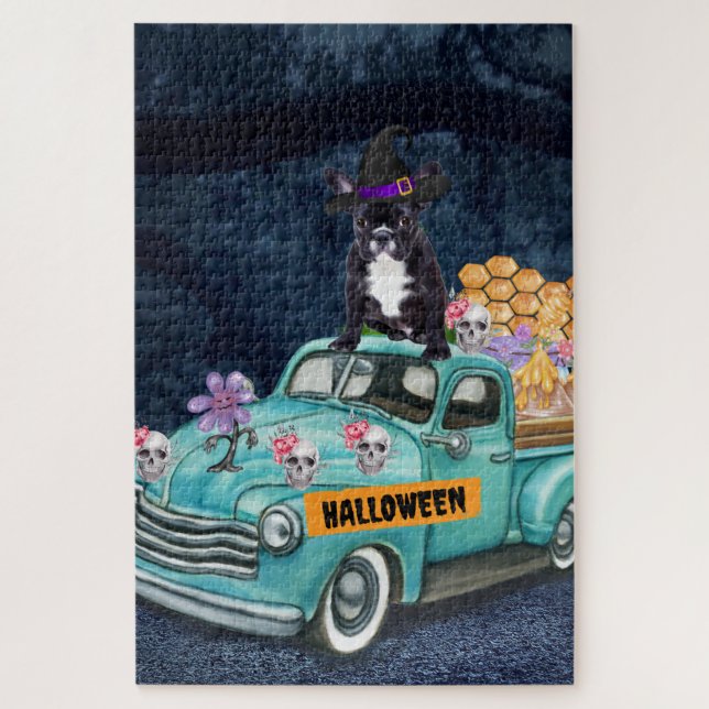 Puzzle Chien-taureau français Halloween Camion Effrayant  (Vertical)