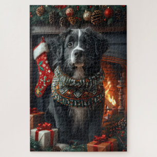 Puzzle Chien Terre-Neuve avec cheminée de cadeaux de Noël