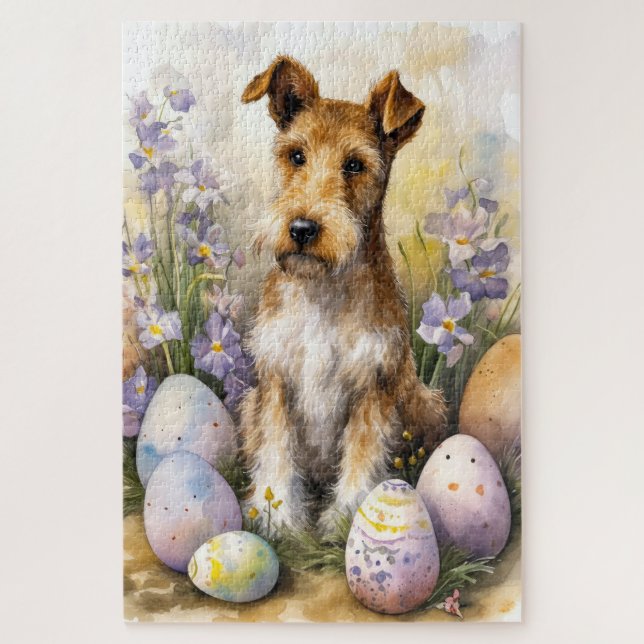 Puzzle Chien Terrier Wirefox Avec Oeufs De Pâques Vacance (Vertical)