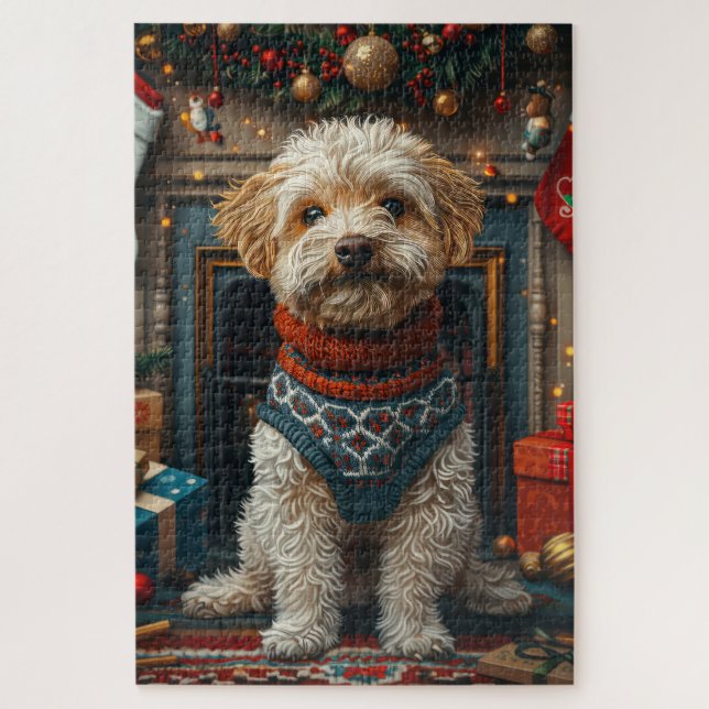 Puzzle Chien Tibétain Terrier Avec Foyer Cadeaux De Noël (Vertical)