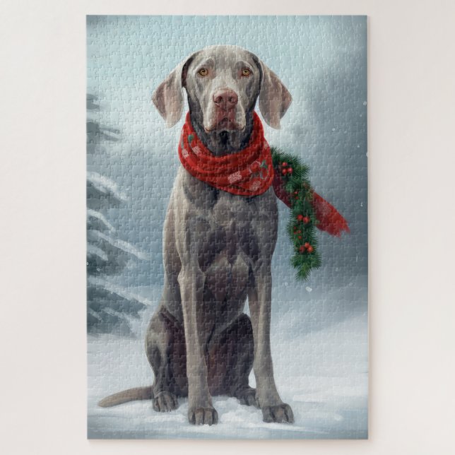 Puzzle Chien Weimaraner à Noël de neige (Vertical)