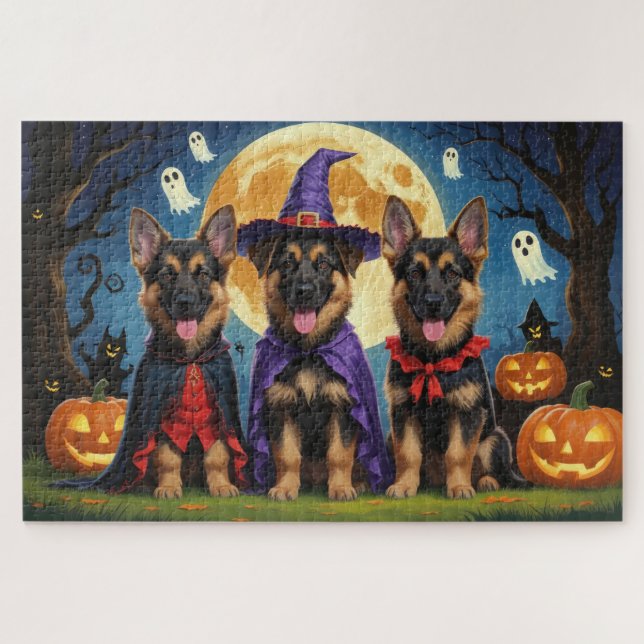 Puzzle Chiens bergers allemands Citrouille Halloween drôl (Horizontal)