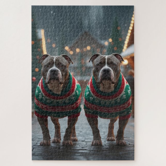 Puzzle Chiens Pitbull Noël Neige Fêtes (Vertical)
