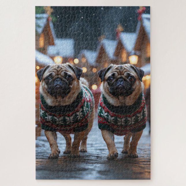 Puzzle Chiens Pug Noël Fête de la neige (Vertical)