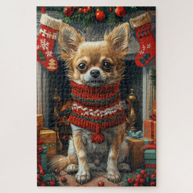Puzzle Chihuahua Chien avec des cadeaux de Noël cheminée (Vertical)