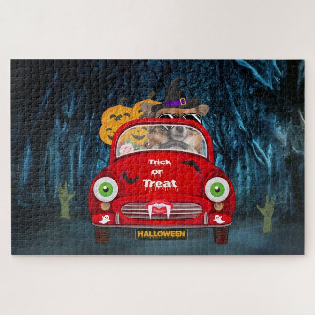 Puzzle Chihuahua Chien voiture voiture effrayant Hallowee (Horizontal)