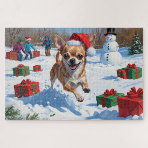Puzzle Chihuahua courant dans la neige avec un chapeau de