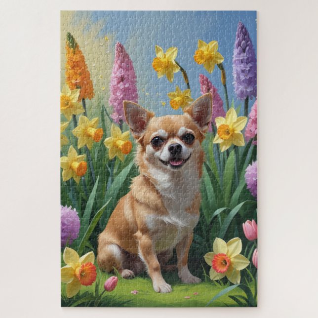 Puzzle Chihuahua Fleurs de printemps Chien Peinture (Vertical)