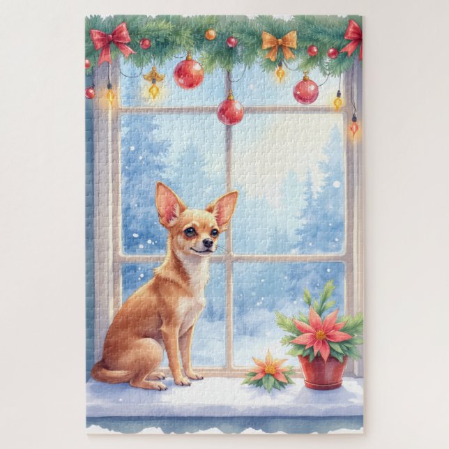 Puzzle Chihuahua Snowy Windowsill Holiday Christmas Art (Vertical)