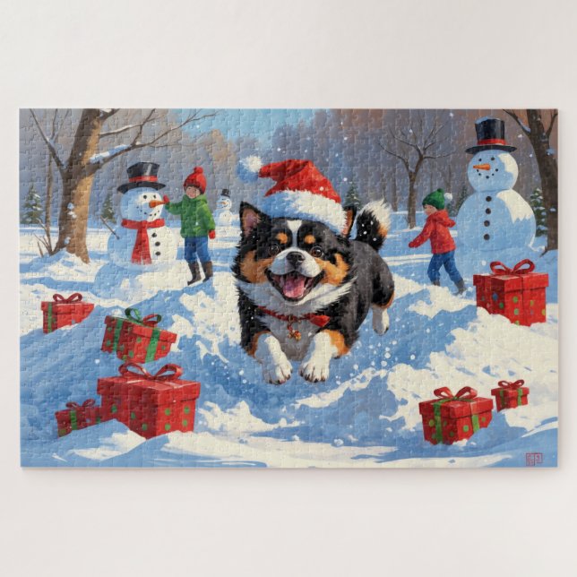 Puzzle Chin japonais coule dans la neige avec Casquette d (Horizontal)