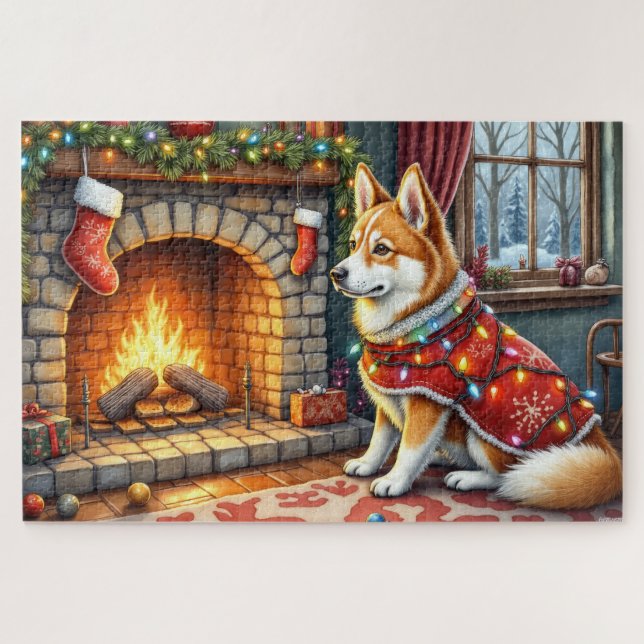 Puzzle Chinook Sitting by Fireplace with Christmas Lights (Horizontal)