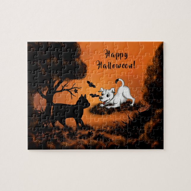 Puzzle Chiot avec chat et chauve-souris noirs, Happy Hall (Horizontal)