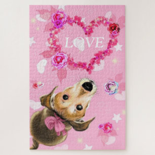 Puzzle Chiot Avec Ruban Rose - Amour