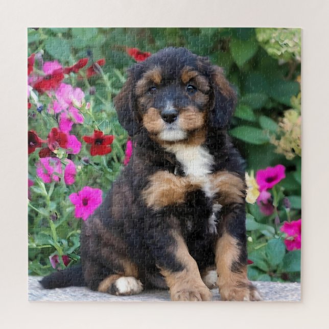 Puzzle Chiot bernedoodle en pétunias (Vertical)