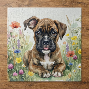 Puzzle Chiot Boxer avec Fleurs Aquarelles