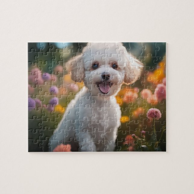 Puzzle Chiot de jouets blanc dans le champ de fleurs (Horizontal)