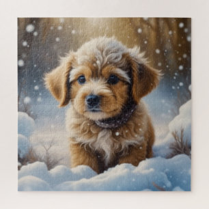 Puzzle Chiot de Noël dans la neige un jour d'hiver