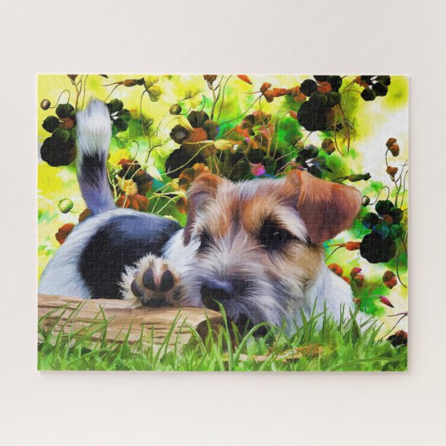 Puzzle Chiot espiègle mignon de Terrier en photo d'herbe (Horizontal)